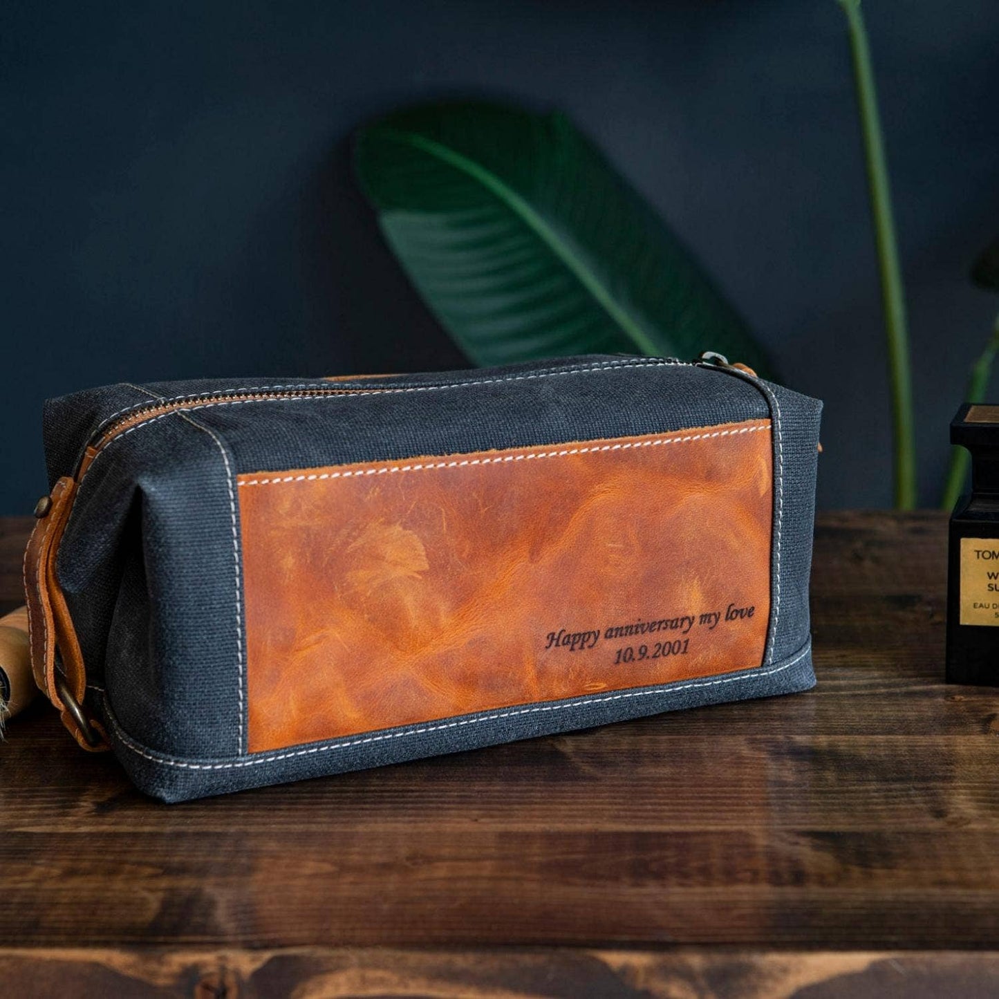 Leather Toiletry Bag Top Grain Leather and Canvas Dopp KIt