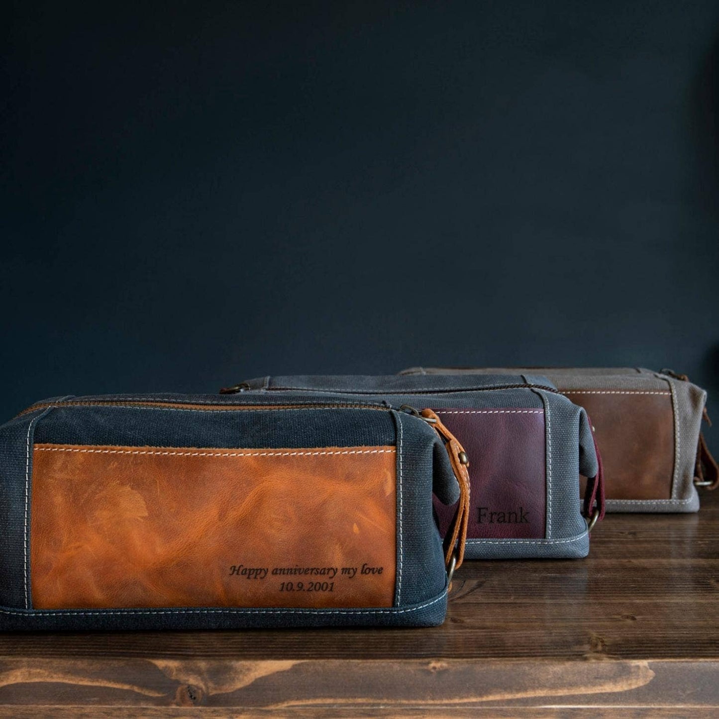 Leather Toiletry Bag Top Grain Leather and Canvas Dopp KIt