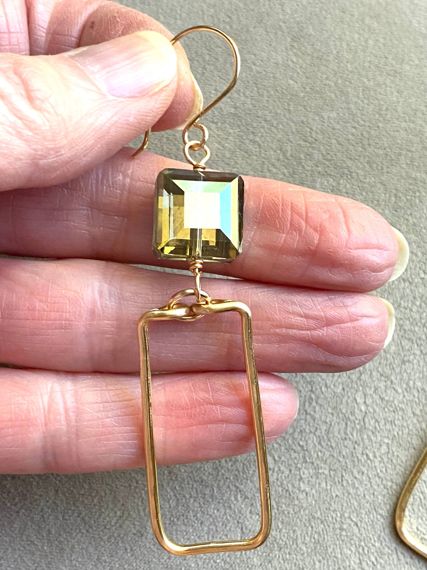 Gold Hammered Rectangle and Square Crystal Earrings Green: Champagne