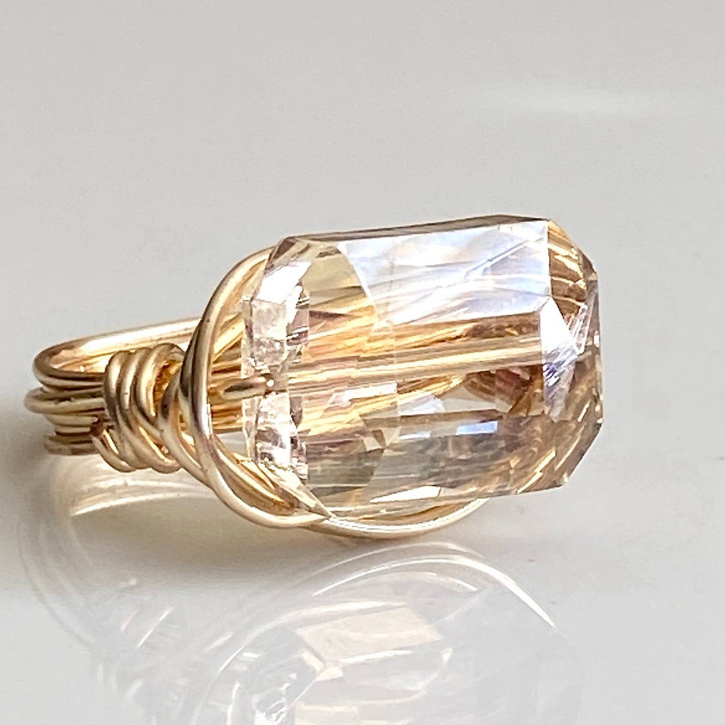 Crystal Gold Ring Champagne Rectangle Wire Wrapped: Champagne