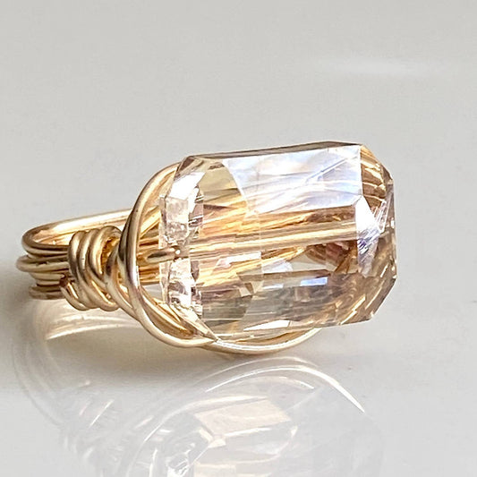 Crystal Gold Ring Champagne Rectangle Wire Wrapped: Champagne