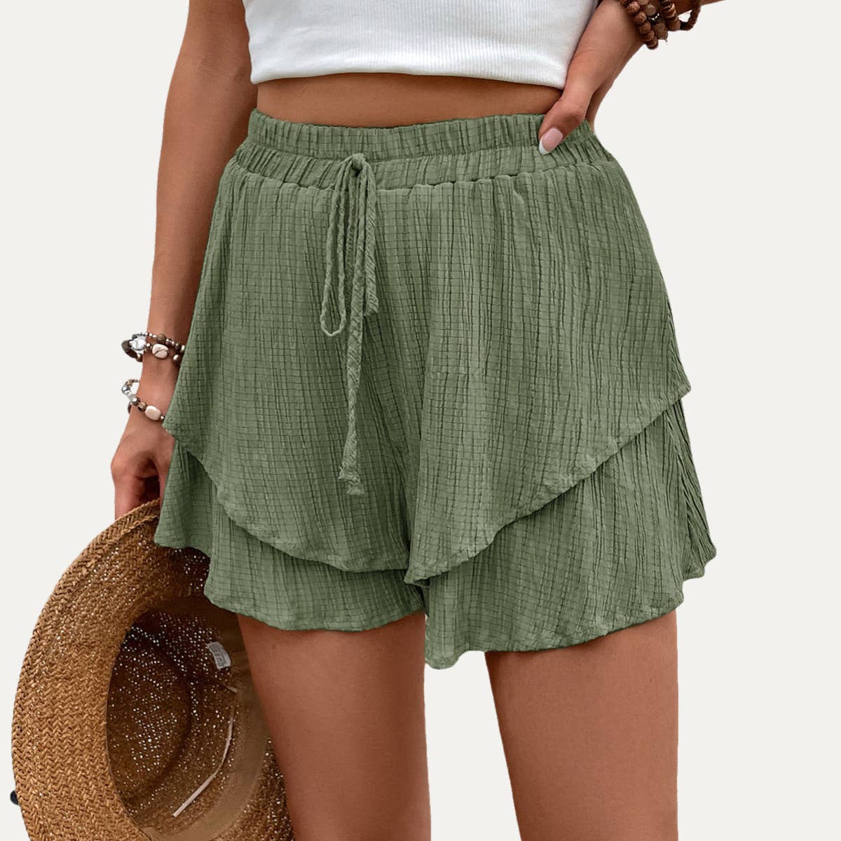 Actively Crinkled High-Waist Tiered Layers Mini Shorts : Navy