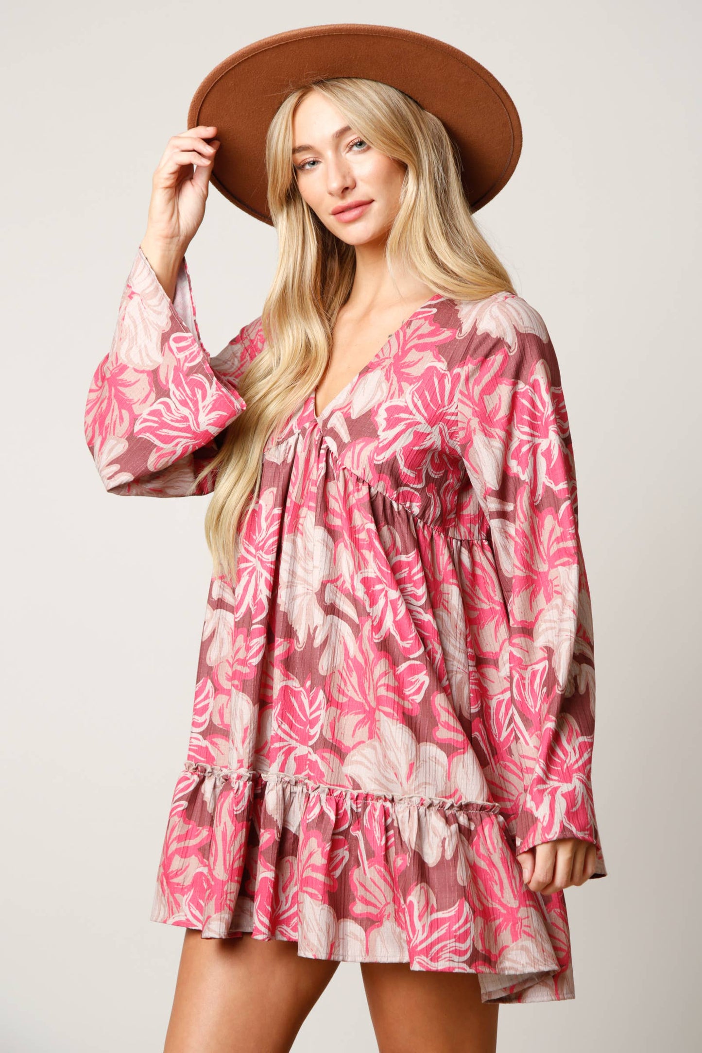 Floral Long Sleeve V-Neck Dress: BROWN FLORAL / M