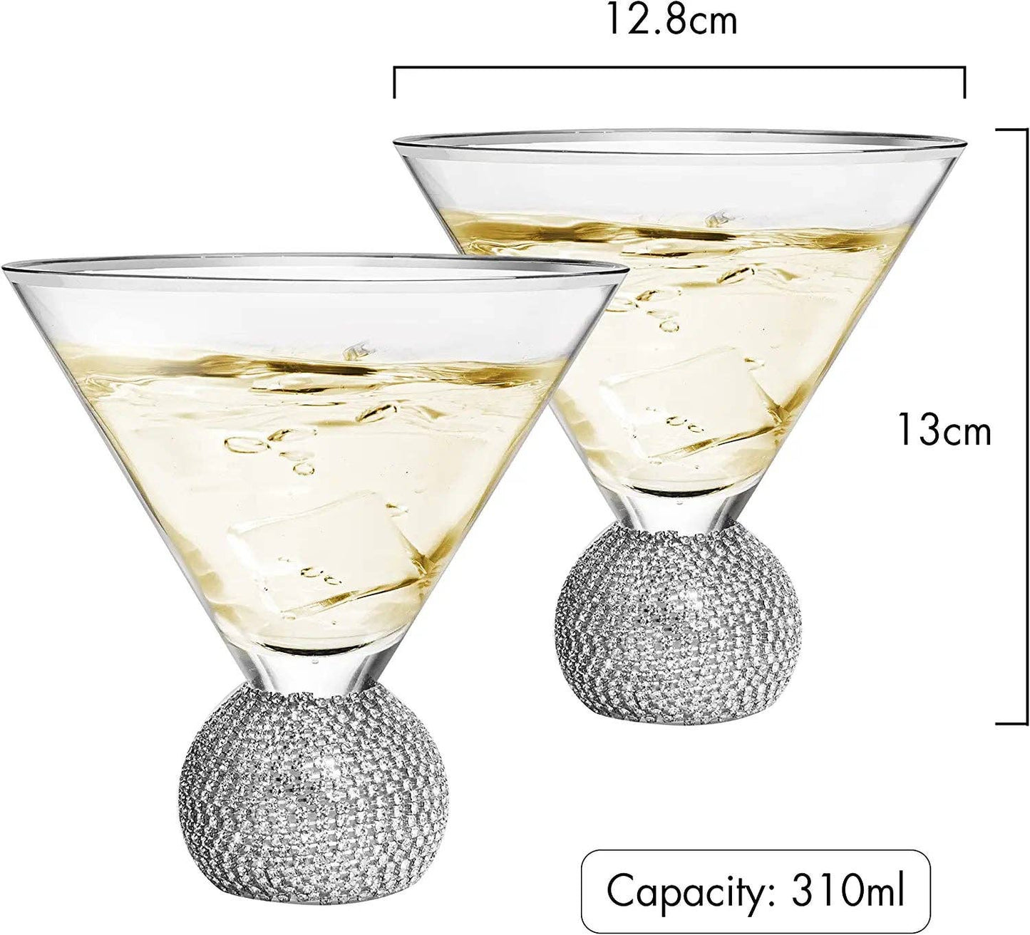2 Diamond Crystal Silver Stemless Martini Glasses | 10.5 OZ