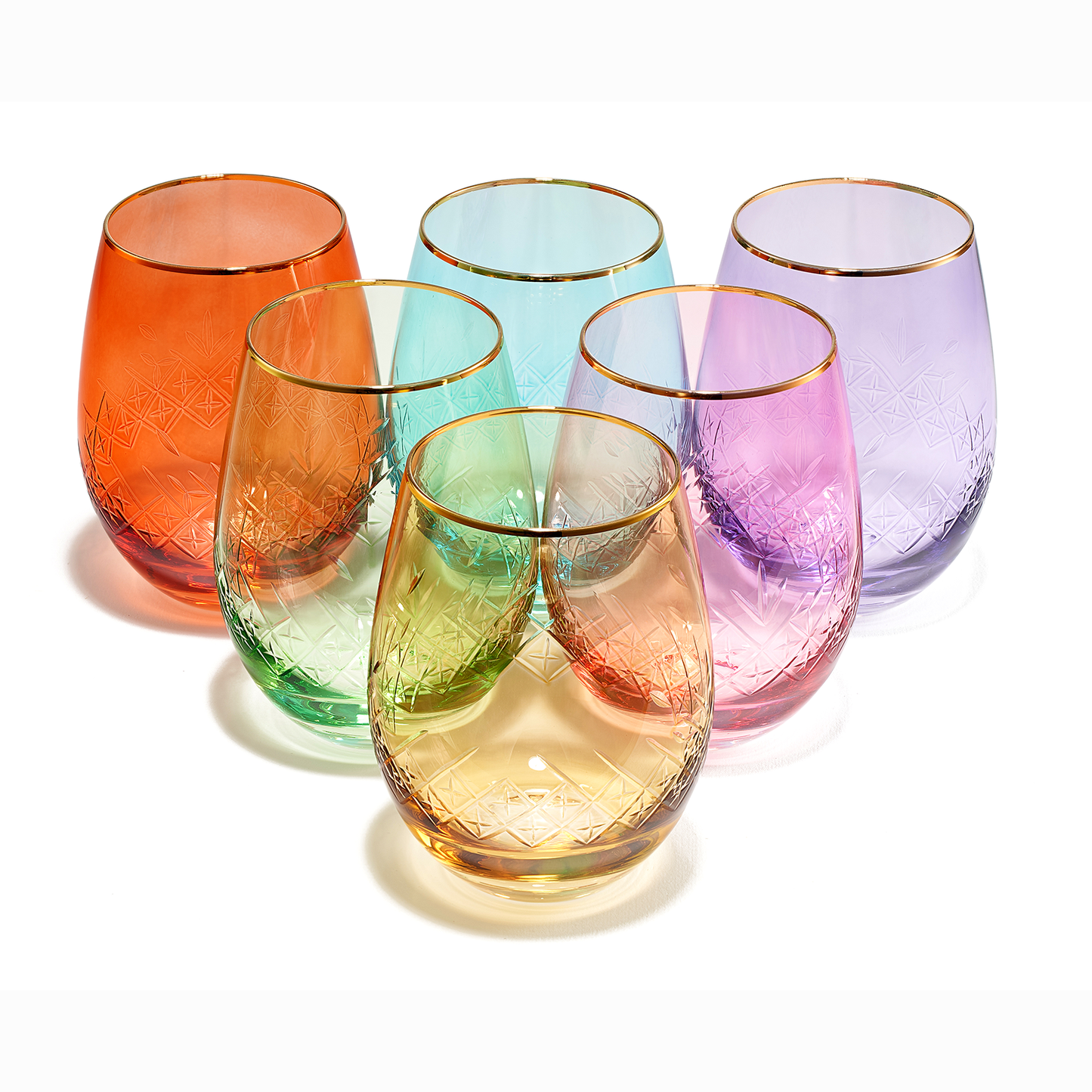 6 Art Deco Colored Crystal Stemless Wine Glass, 15 oz