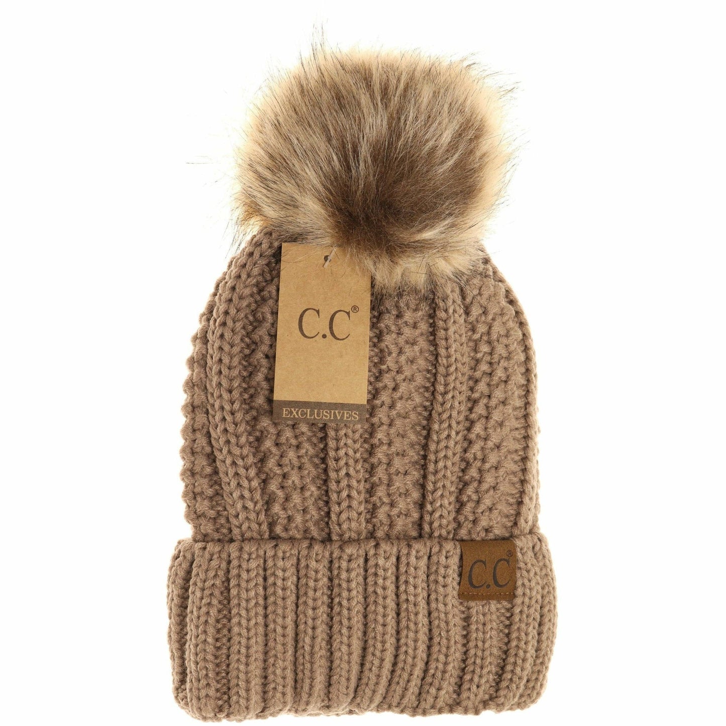 Fuzzy Lined Fur Pom CC Beanie