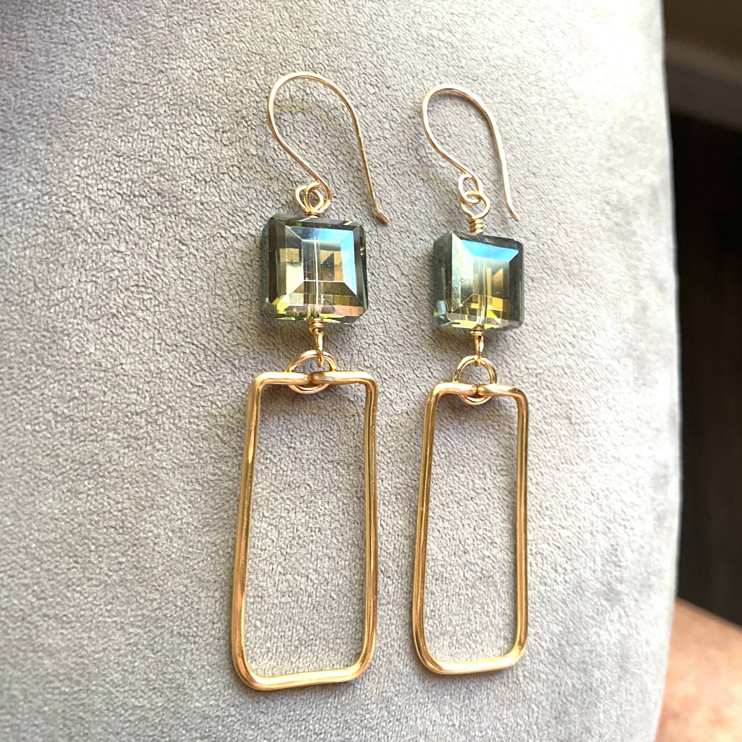 Gold Hammered Rectangle and Square Crystal Earrings Green: Champagne