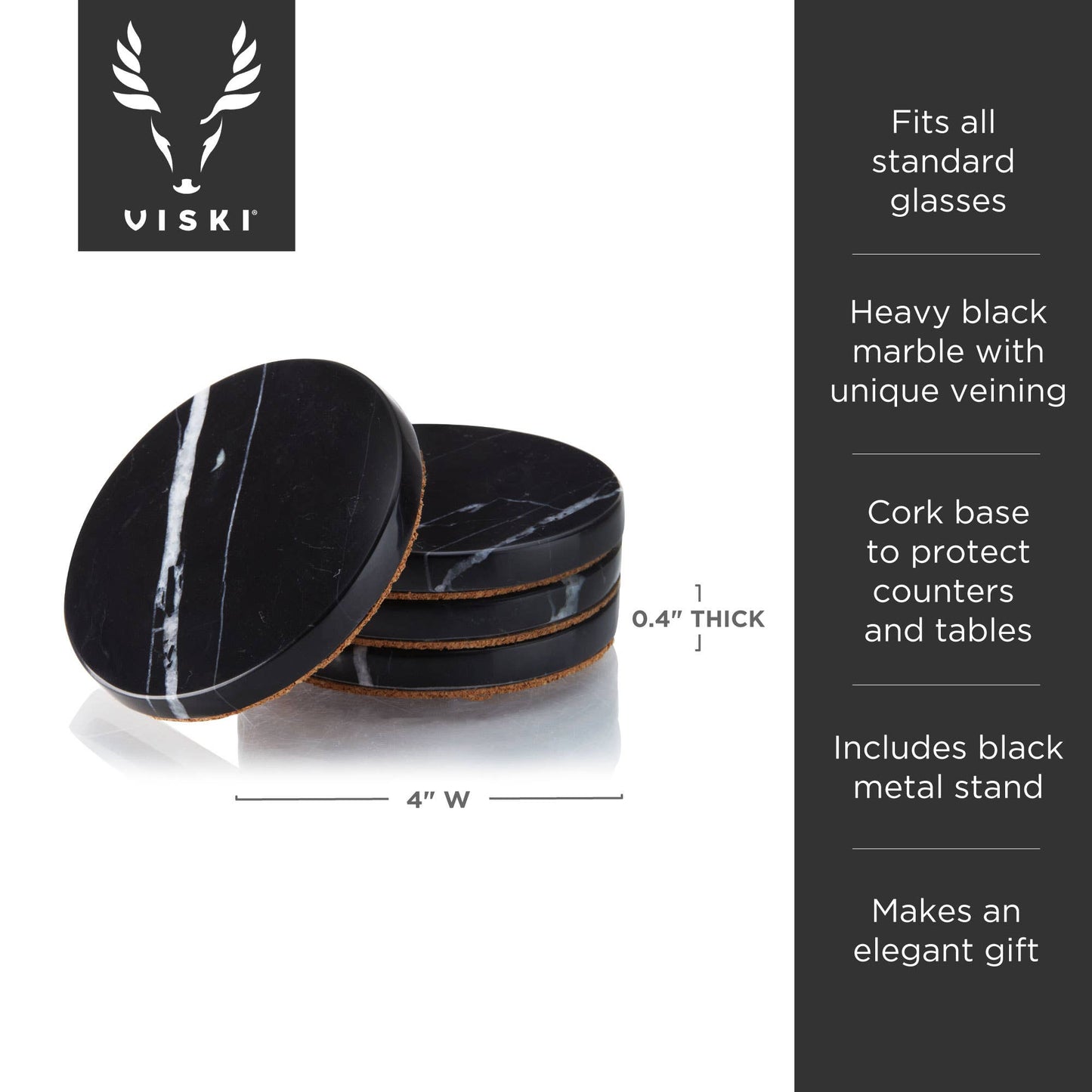 Black Marble Coasters w/ Stand - Set of 4