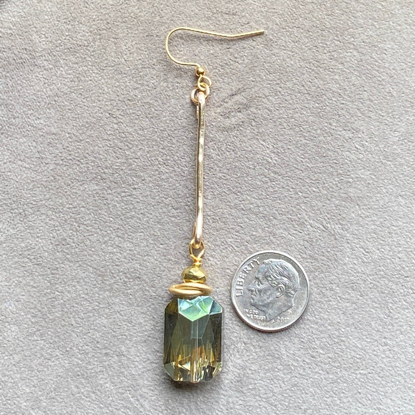 Green Crystal Earrings Rectangle Hammered Connector Bar Drop: Blue / Gold