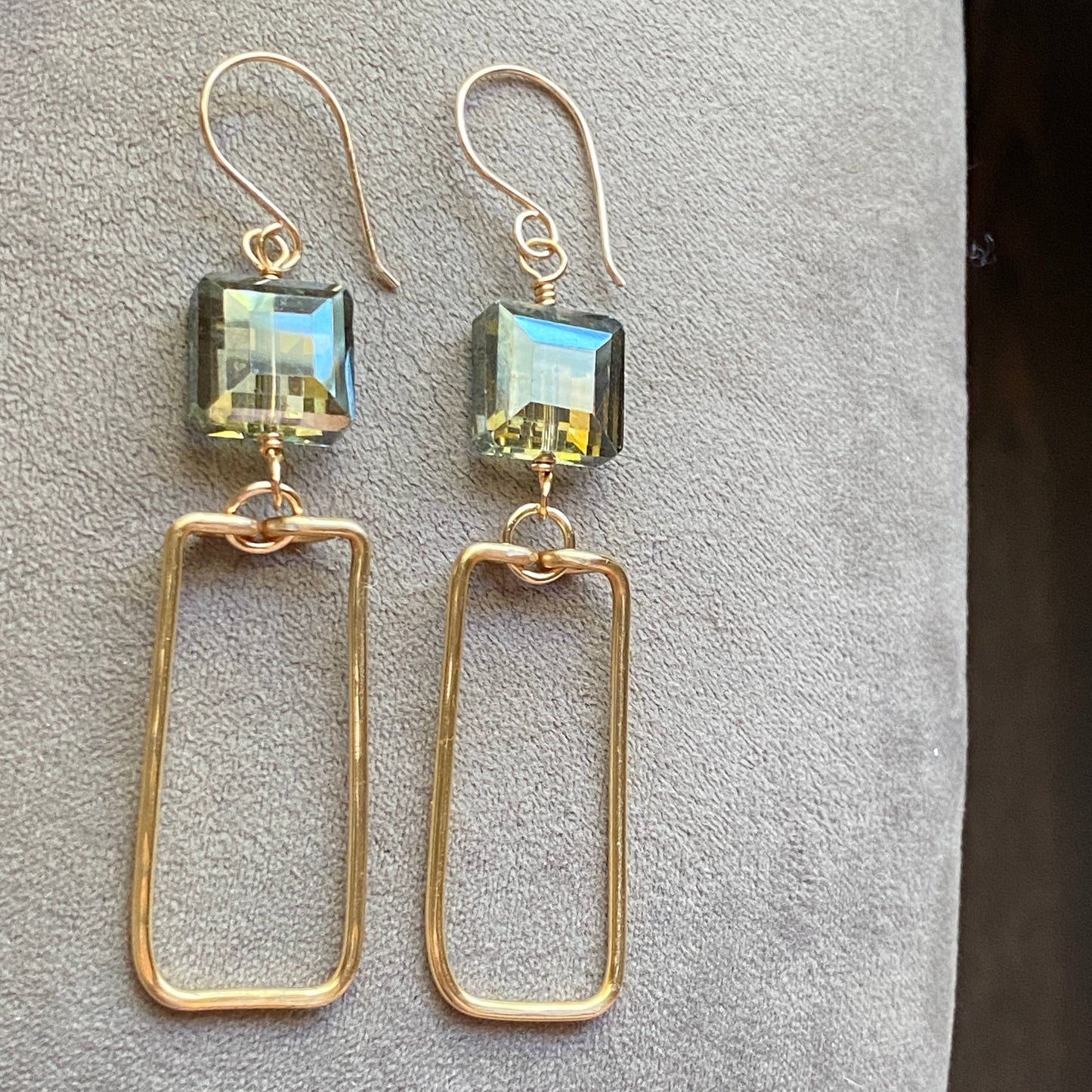 Gold Hammered Rectangle and Square Crystal Earrings Green: Champagne