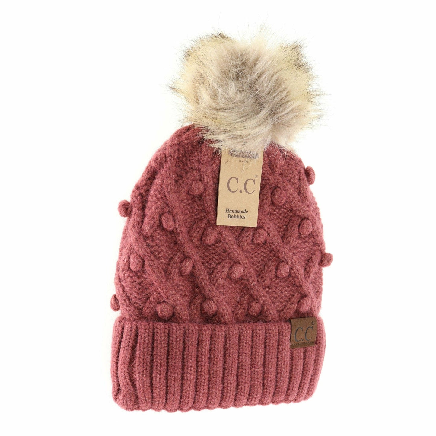 Bobble Knit Fur Pom C.C Beanie HAT3836: Candy Pink