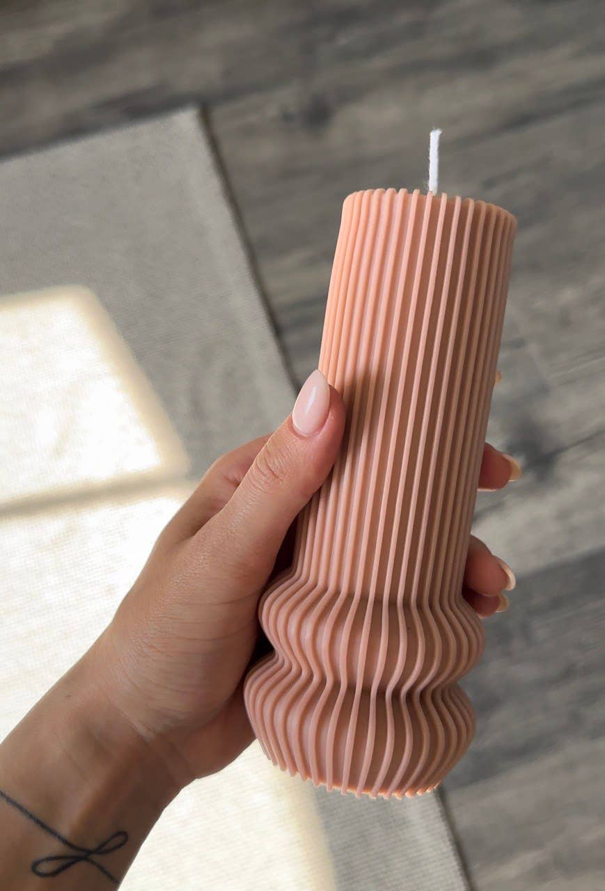 Column Candle-Tall Aestethic Candle-Funky Ribbed Candle: Gray / Bamboo Coconut