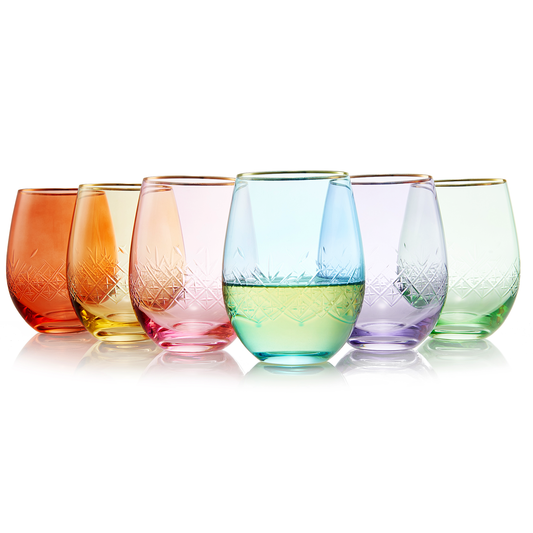 6 Art Deco Colored Crystal Stemless Wine Glass, 15 oz