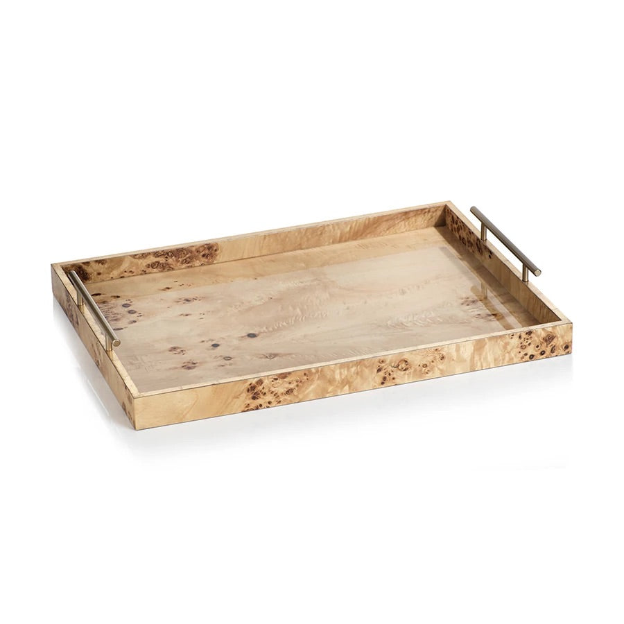 Burl wood tray with gold handles