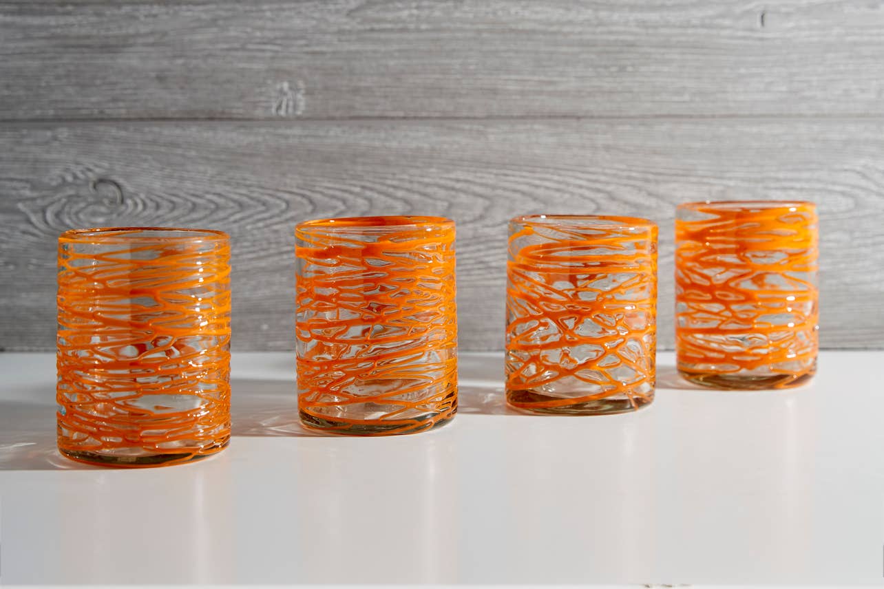Set of Mexican Handblown Glasses - Orange Swirl