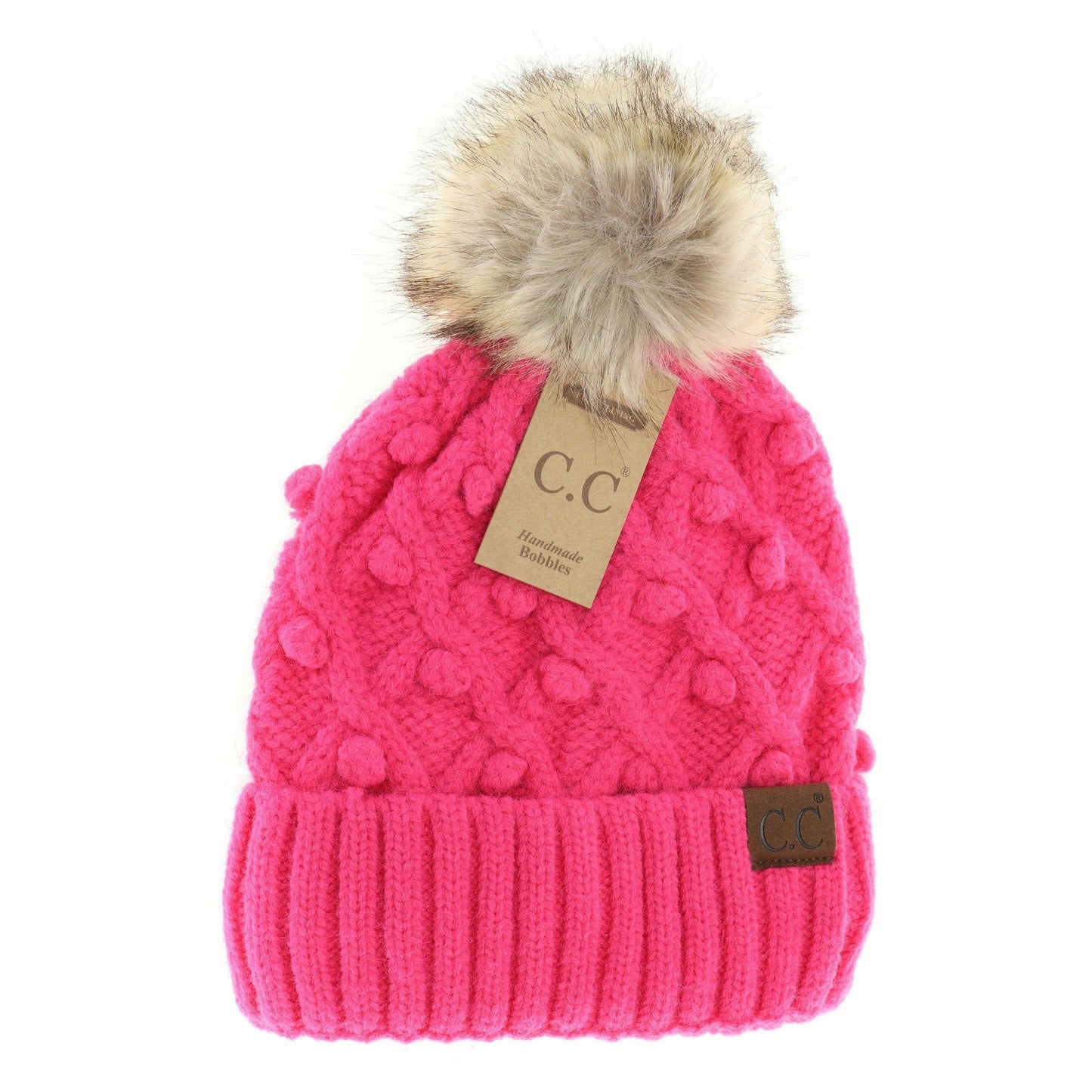 Bobble Knit Fur Pom C.C Beanie HAT3836: Candy Pink