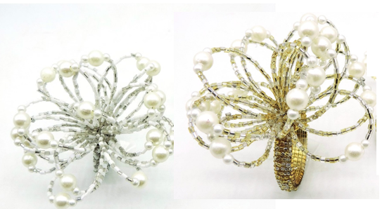 Pearl Flower Napkin Rings / Set of 4 / White & Silver